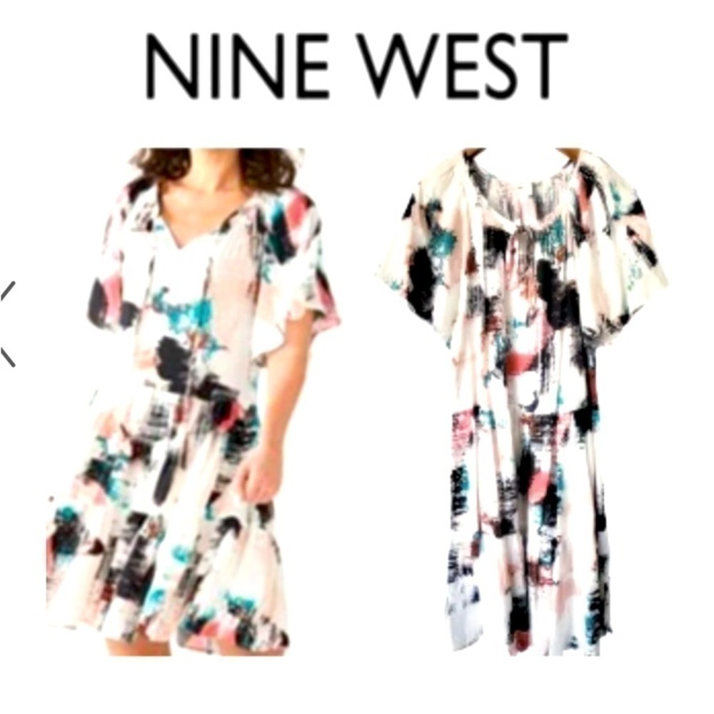 Nine West Dress Flutter Sleeve Size XS White Multicolor